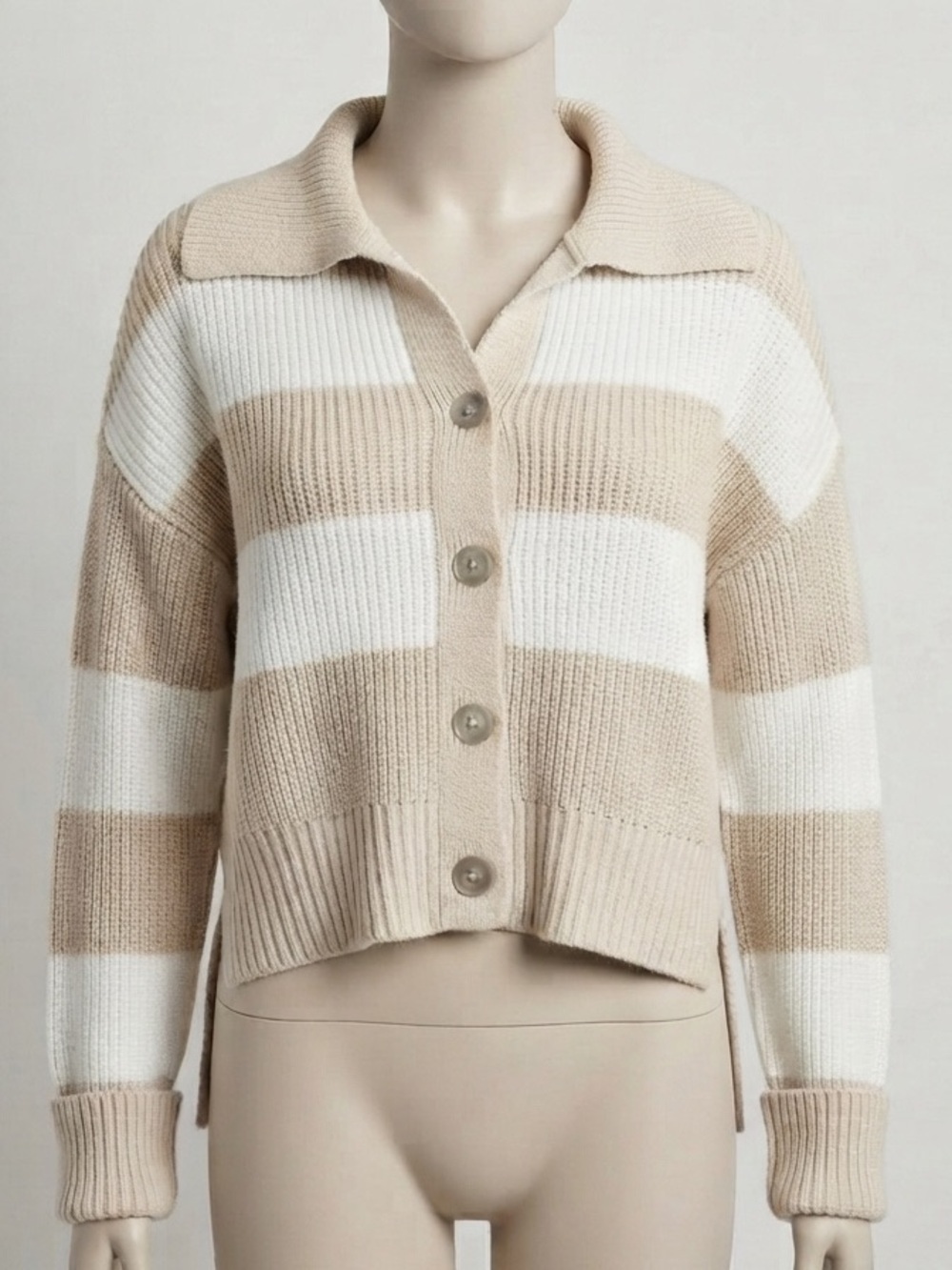 Jessica Simpson Beige & White Striped Collared Button-Up Sweater Women’s Medium